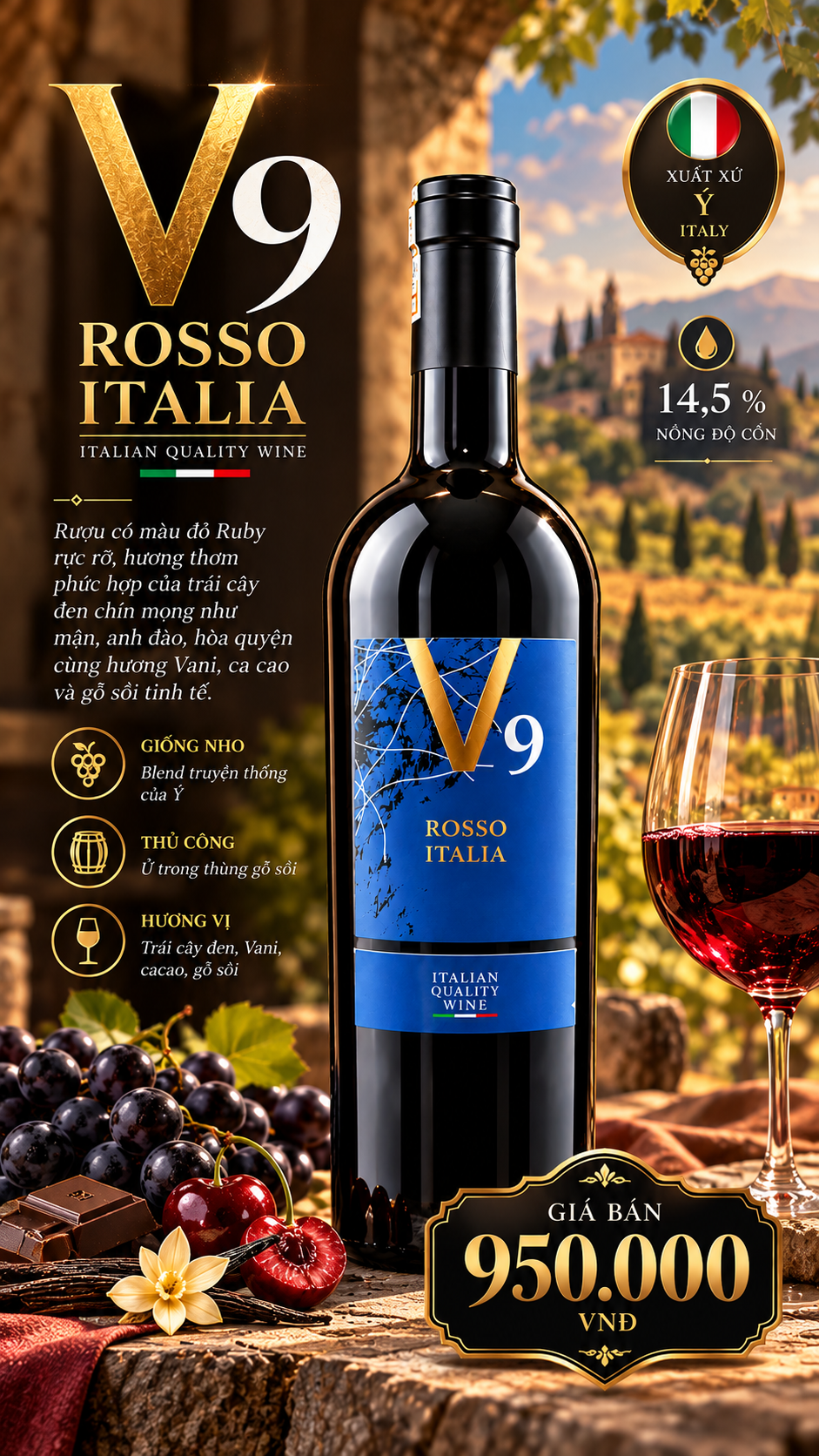 Vang Ý Rosso Italia V9 Hoàng Kim